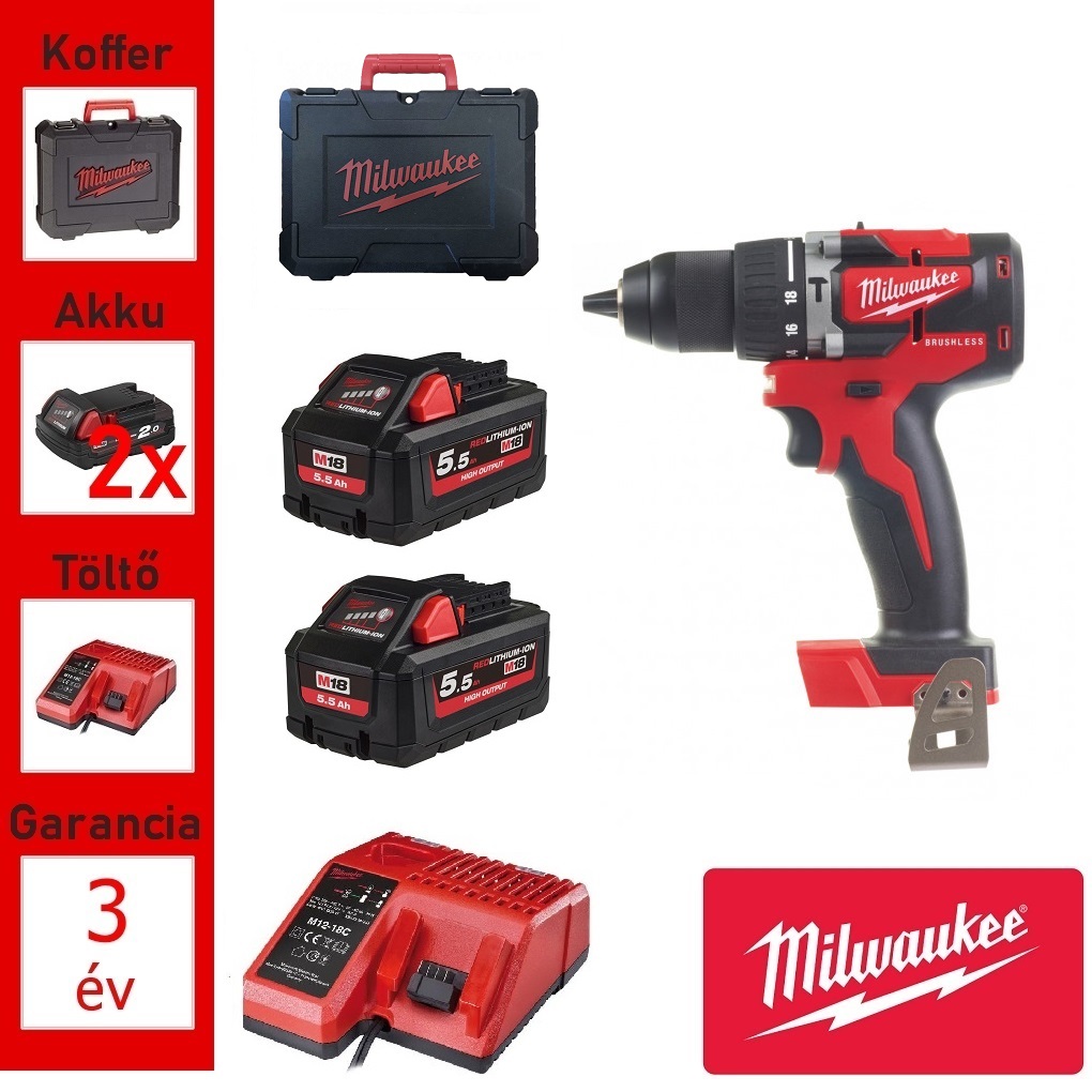 Milwaukee 18V szénkefe nélk. fúrócsavarozó 60Nm+2db 5.5Ah akku